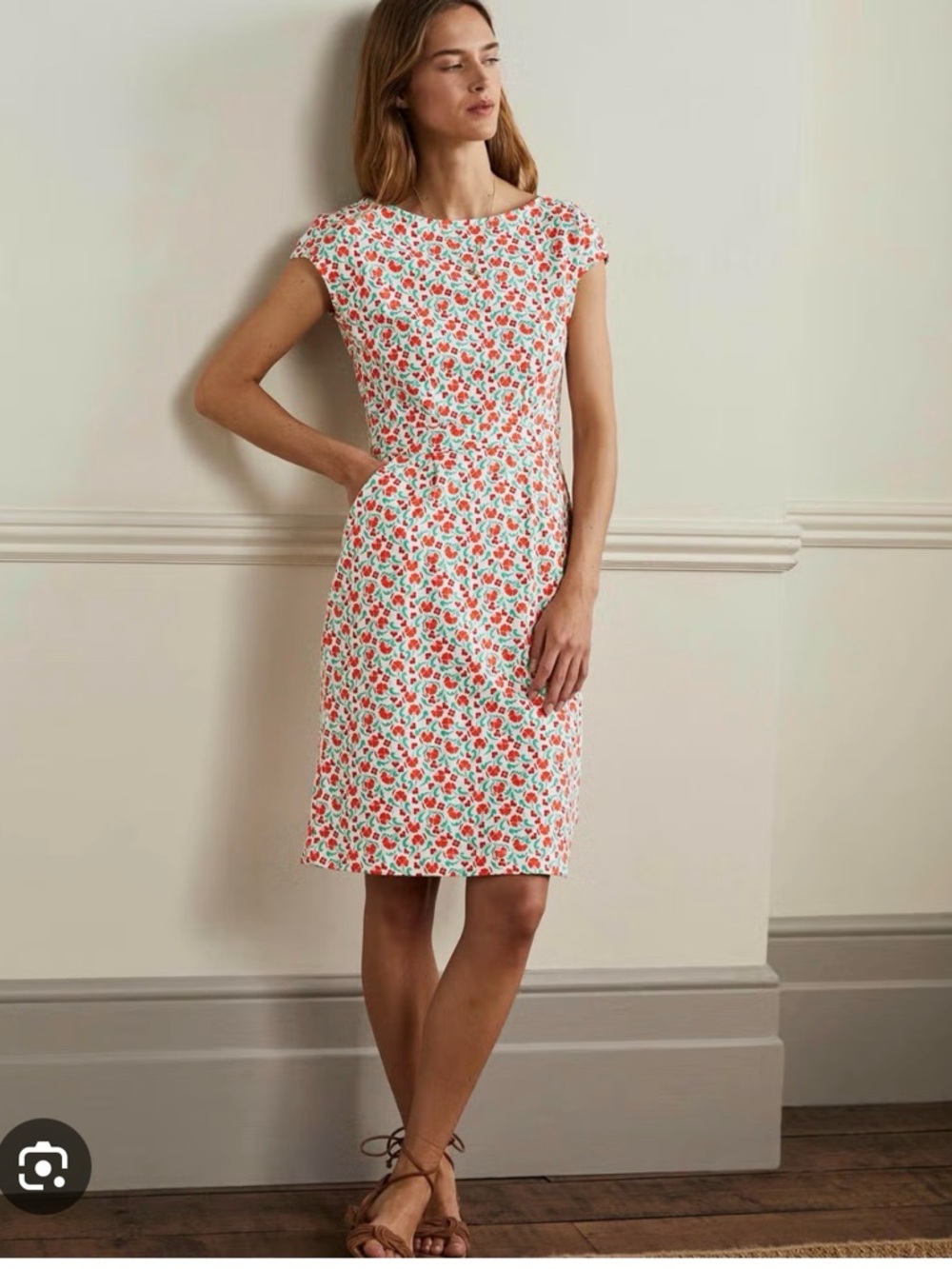 Boden- Florrie Bright Papaya Delicate Bud Cap-Sleeve Sheath Dress with pockets.